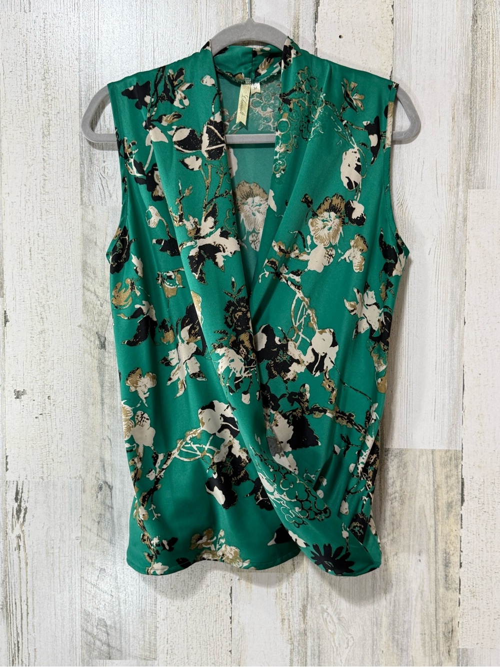 Chenault Green Floral Wrap-Style Sleeveless Blouse